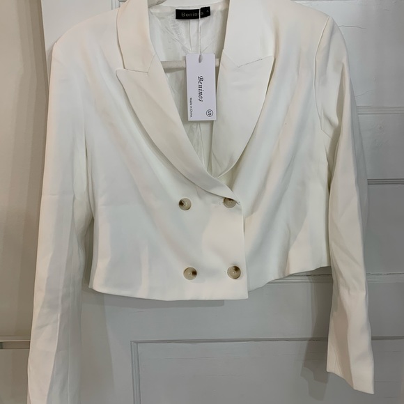 Beninos Women's Double Breasted Crop Blazer Jacket - S - Cream - Picture 7 of 7
